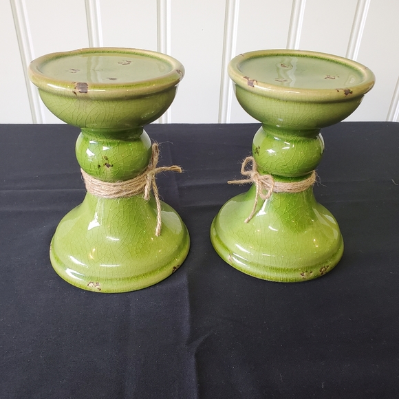 Green Distresses Candle Stick Holders 2 pc. Set - Picture 4 of 11